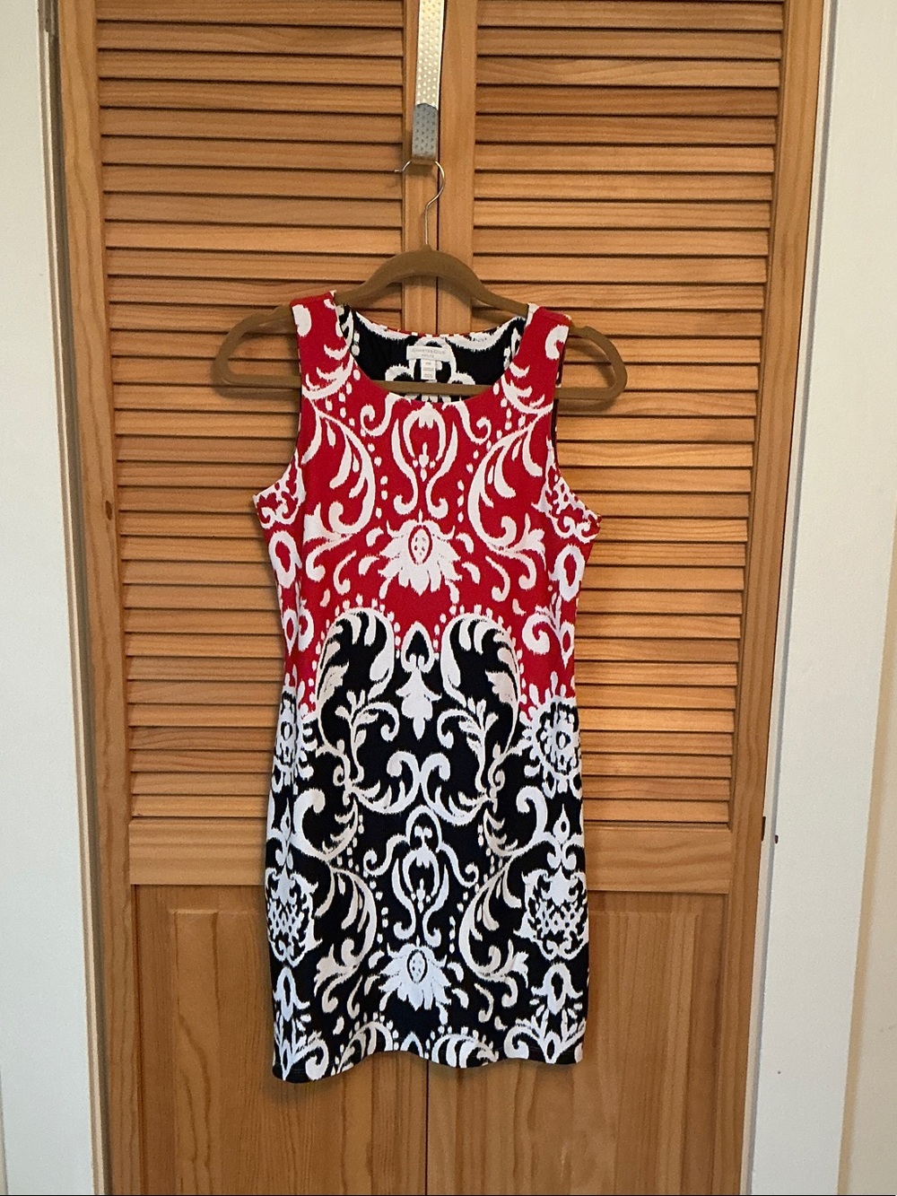 Charter Club Red, Black & White Sleeveless Patterned Sheath Dress